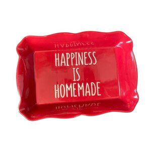 Happiness Is Homemade Red Ceramic Rectangular Serving Tray  Scalloped Design